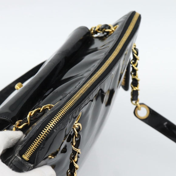 CHANEL Chain Turn Lock Tote Bag Patent leather Gold Black CC Auth 93339