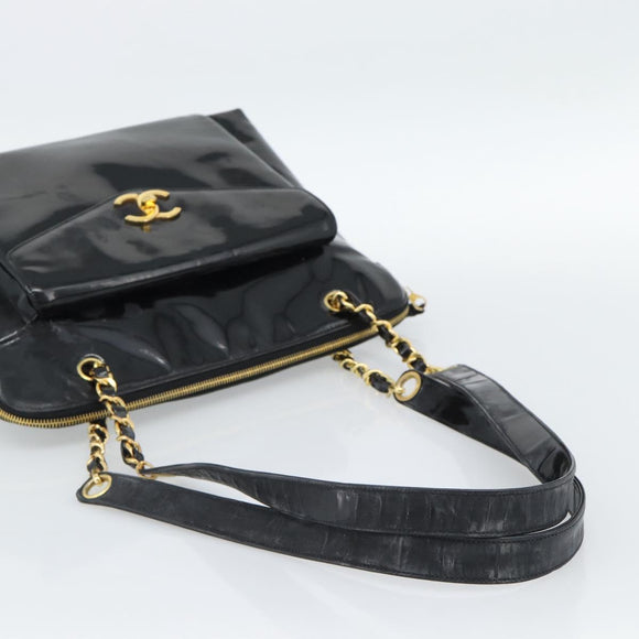 CHANEL Chain Turn Lock Tote Bag Patent leather Gold Black CC Auth 93339