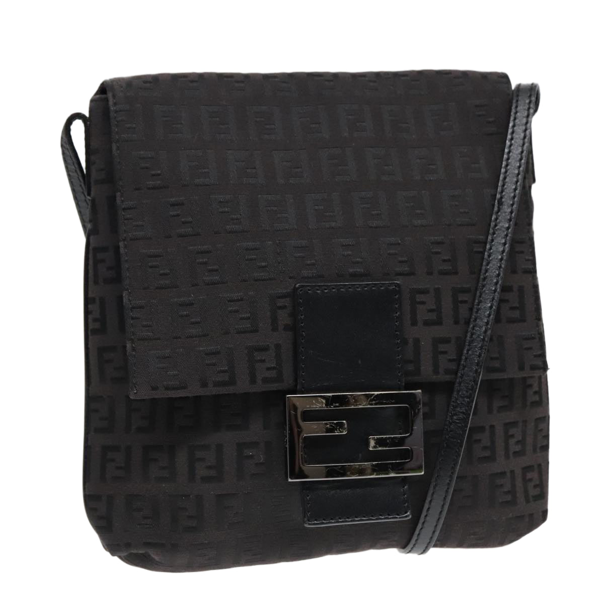 FENDI Zucchino Canvas Shoulder Bag Black Auth 93358