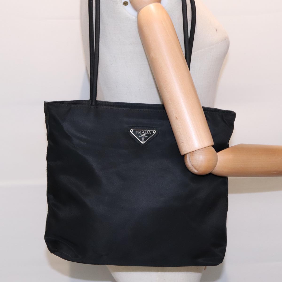 PRADA Tote Bag Nylon Black Silver Auth 93362