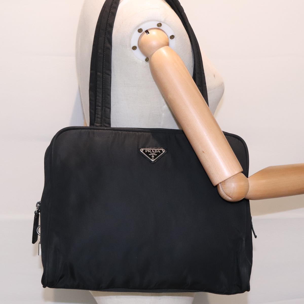 PRADA Hand Bag Nylon Black Silver Auth 93363