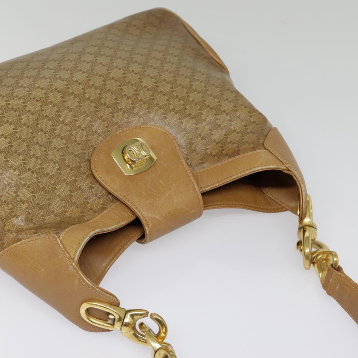 CELINE Macadam Canvas Shoulder Bag Beige Gold Auth 93370