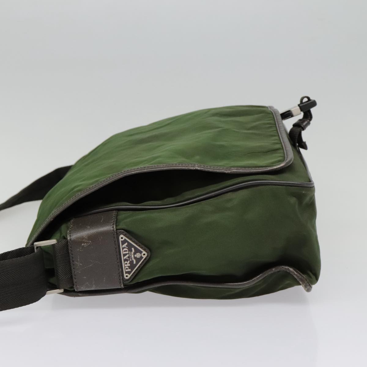 PRADA Shoulder Bag Nylon Green Brown Silver Auth 93371