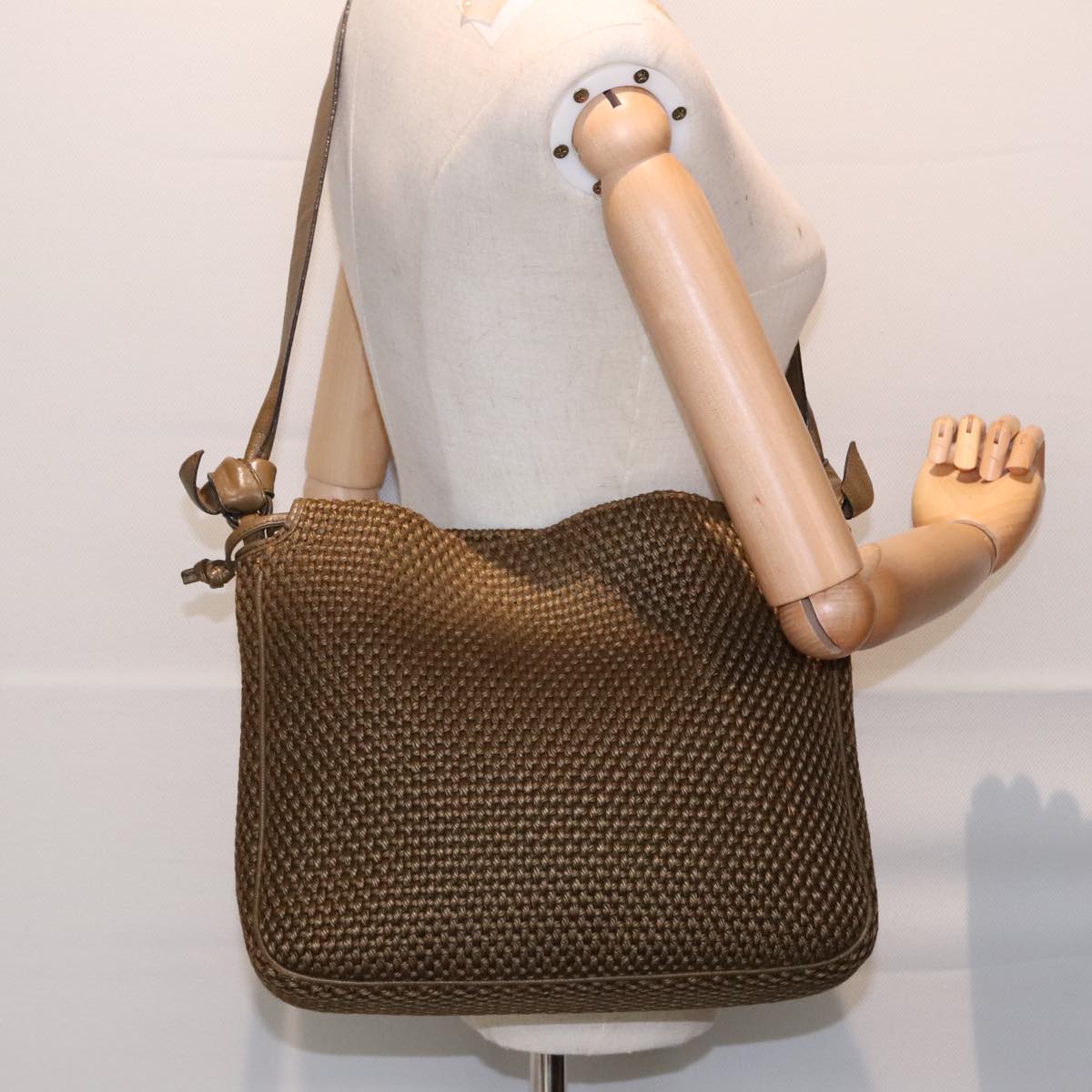 BOTTEGA VENETA Shoulder Bag Canvas Leather Brown Gold Auth 93373