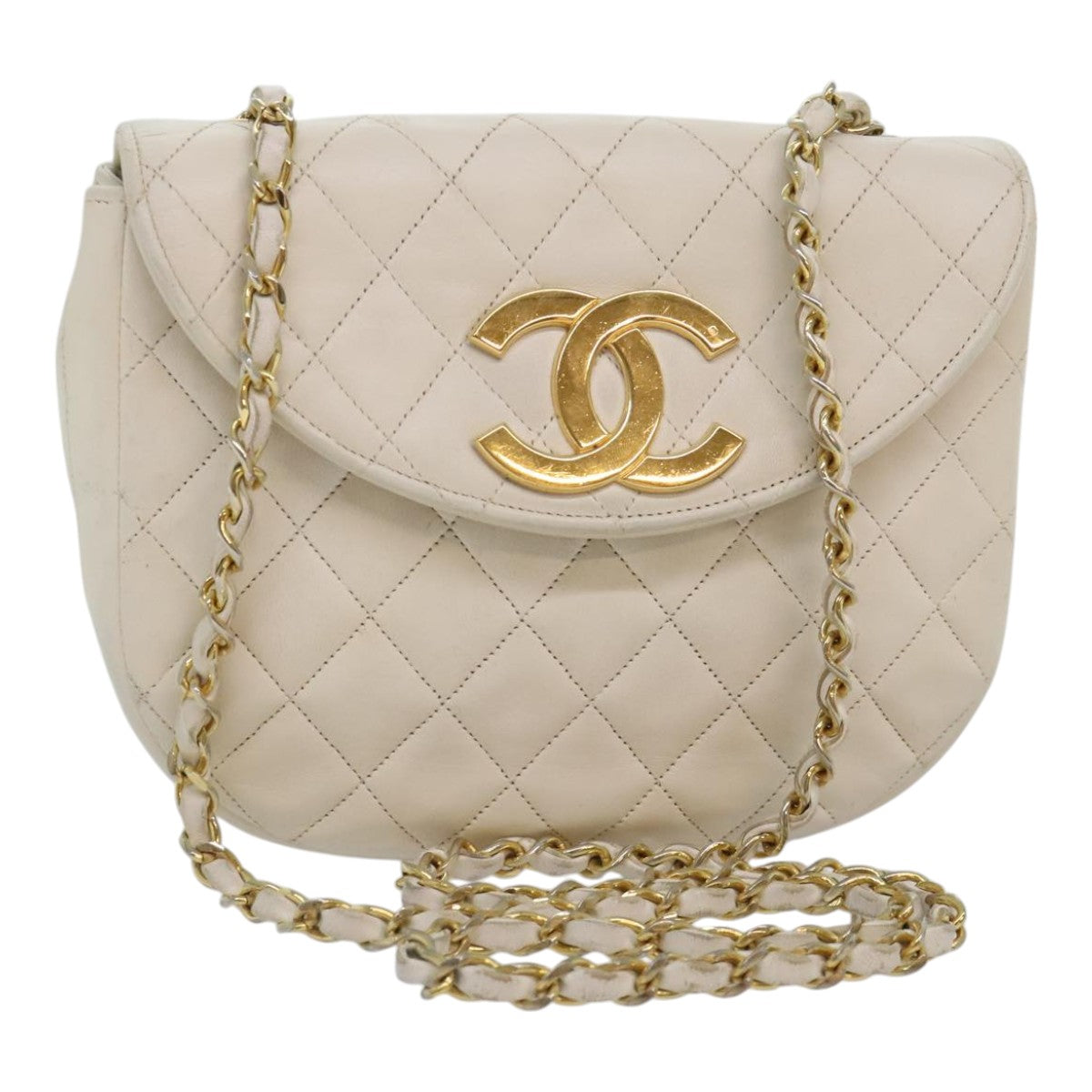 CHANEL Matelasse Big COCO Mark Chain Bag Lamb Skin White Gold CC Auth 93377