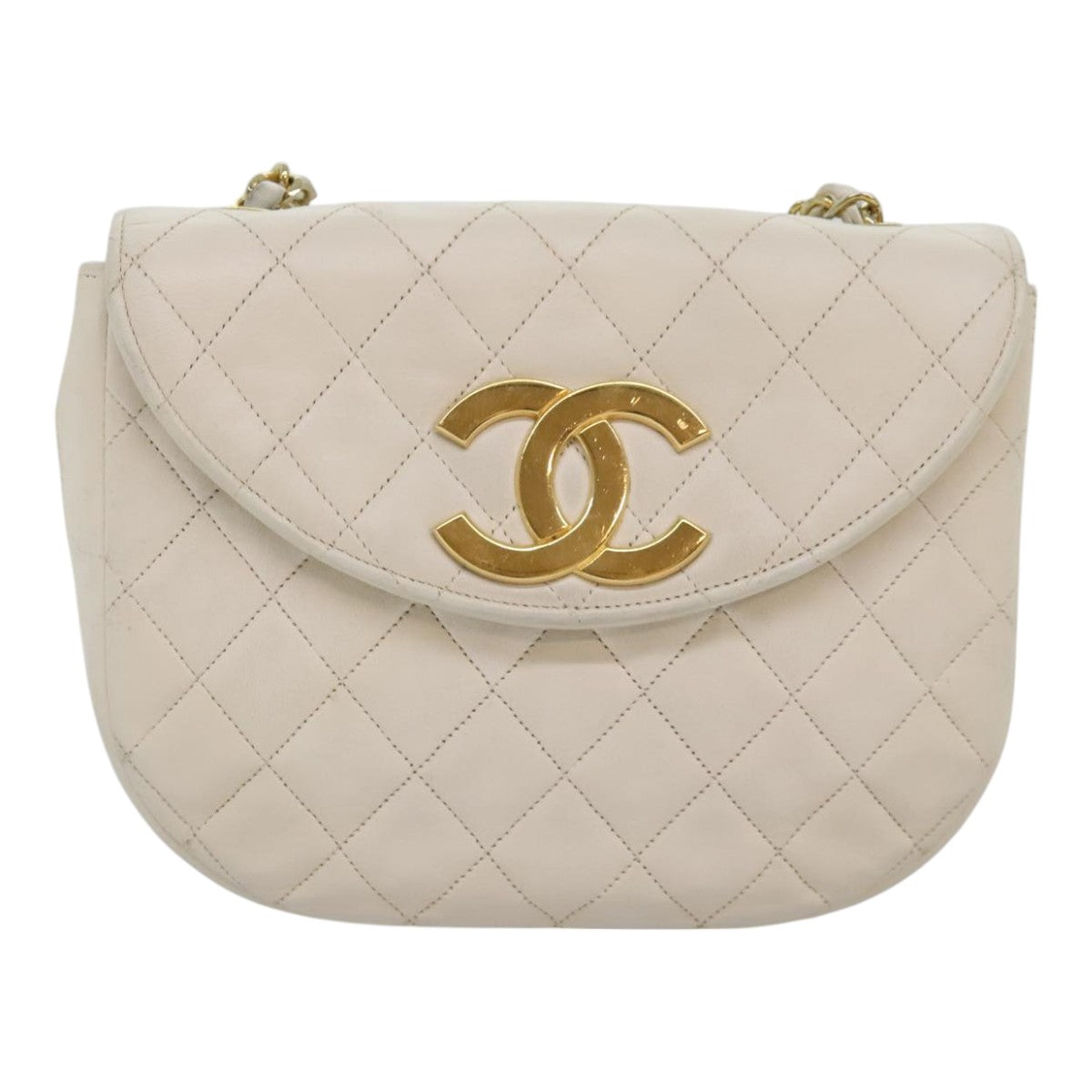 CHANEL Matelasse Big COCO Mark Chain Bag Lamb Skin White Gold CC Auth 93377