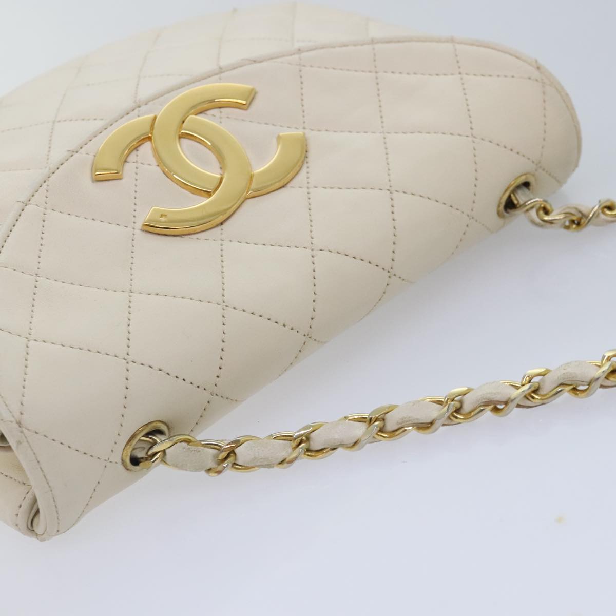 CHANEL Matelasse Big COCO Mark Chain Bag Lamb Skin White Gold CC Auth 93377