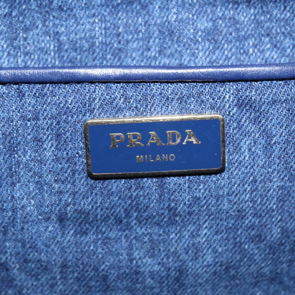 PRADA Canapa MM Hand Bag Denim Navy Gold Auth 93382