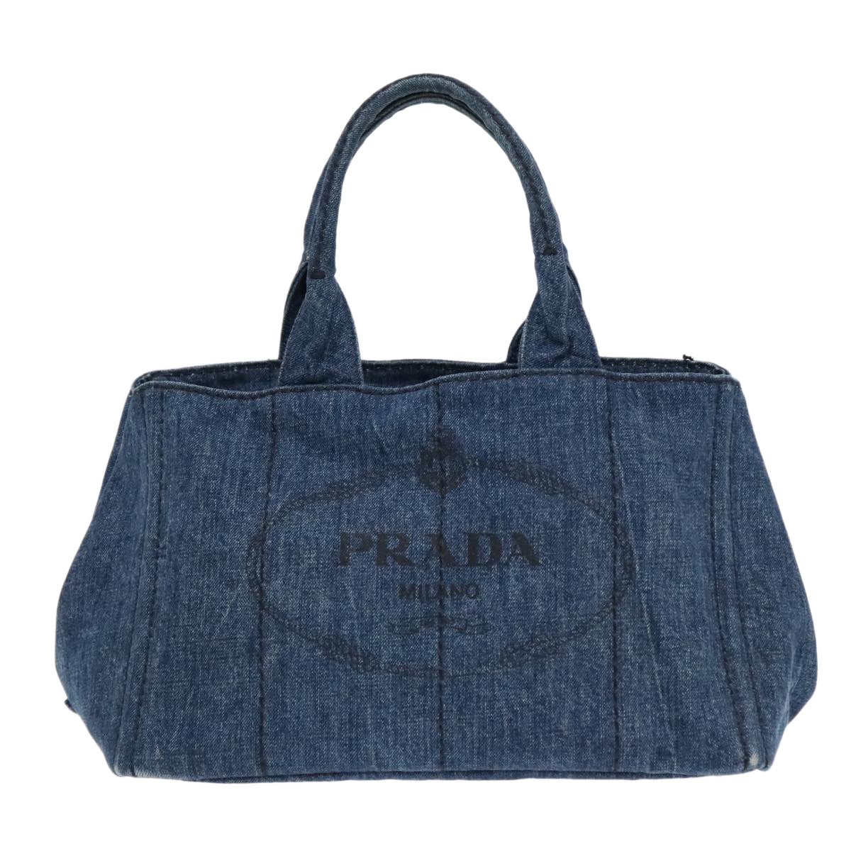 PRADA Canapa MM Hand Bag Denim Navy Gold Auth 93382