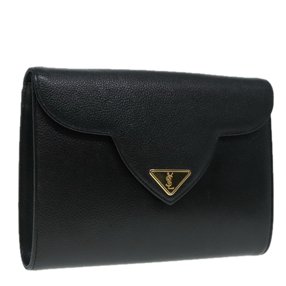 SAINT LAURENT Clutch Bag Leather Black Gold Auth 93386