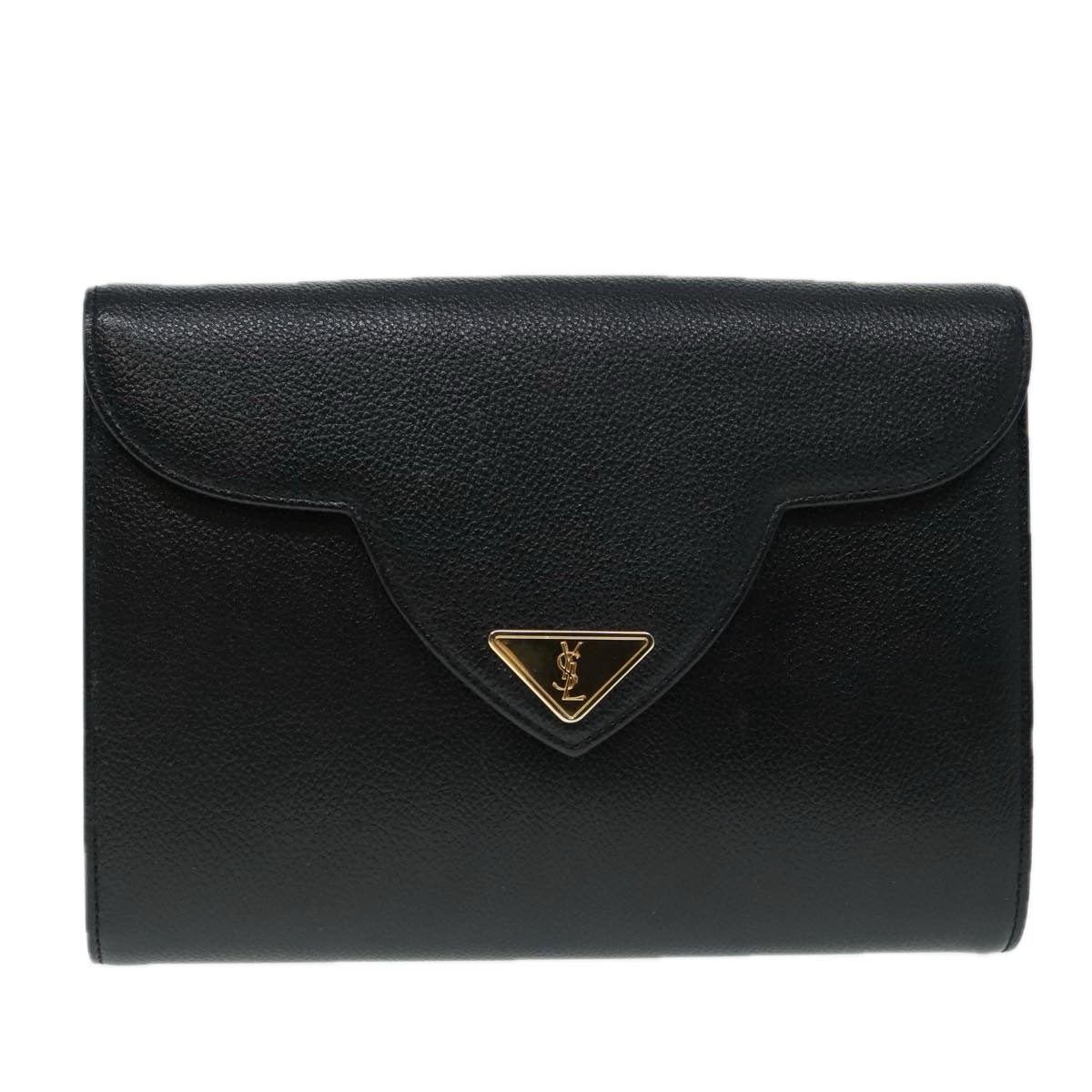 SAINT LAURENT Clutch Bag Leather Black Gold Auth 93386 - 0