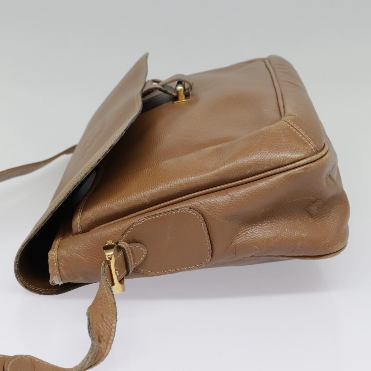 LOEWE Anagram Shoulder Bag Leather Brown Gold Auth 93390