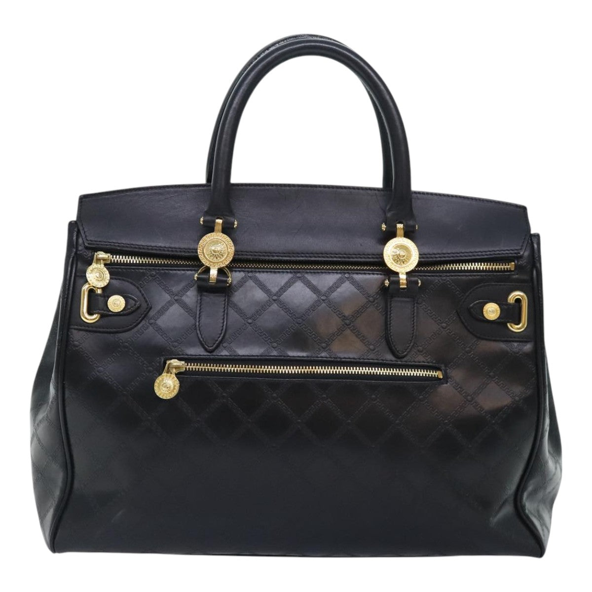 VERSACE Hand Bag Leather Black Gold Auth 93395 - 0