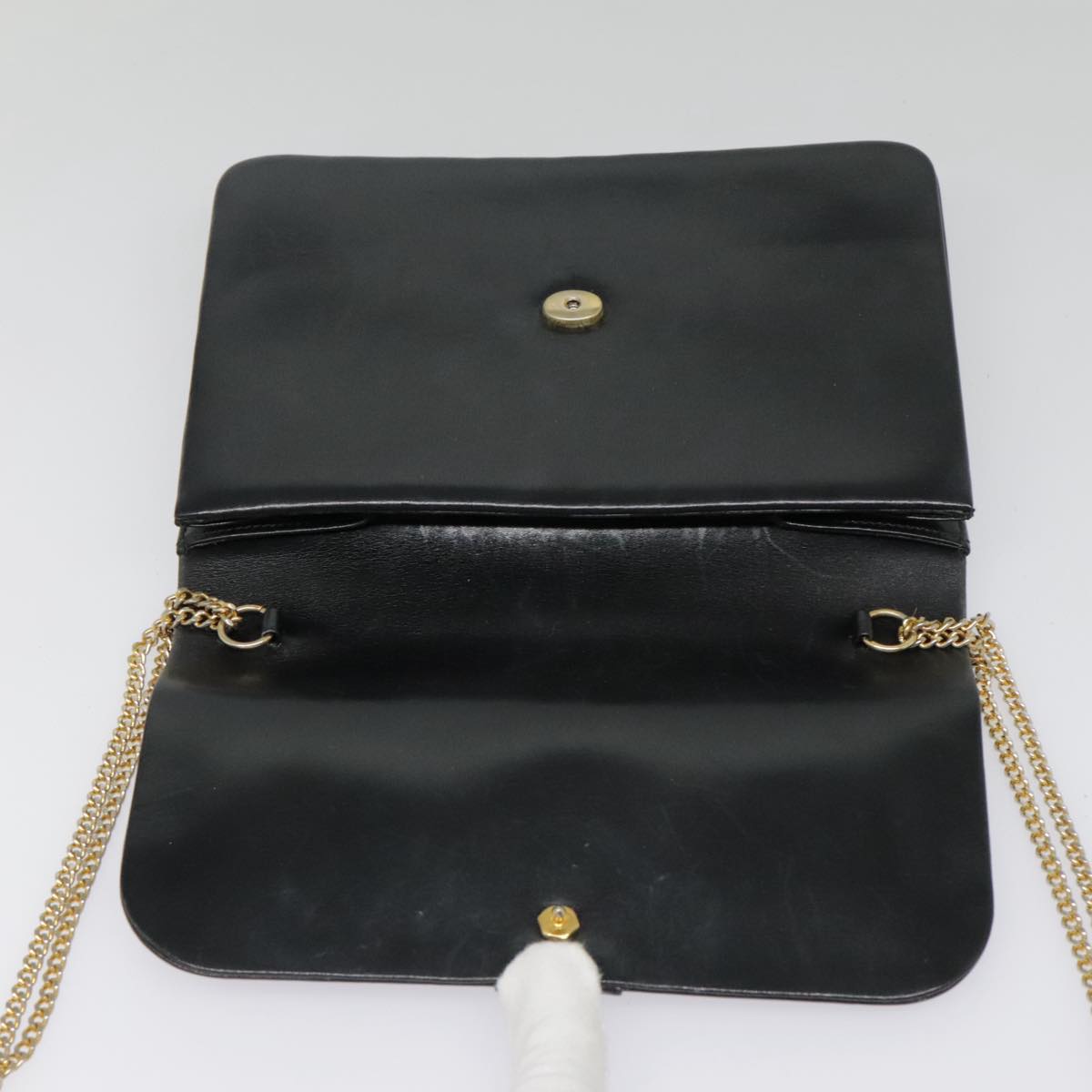 Christian Dior Chain Shoulder Bag Leather Black Gold Auth 93401