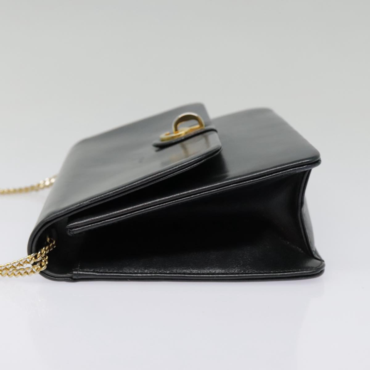 Christian Dior Chain Shoulder Bag Leather Black Gold Auth 93401