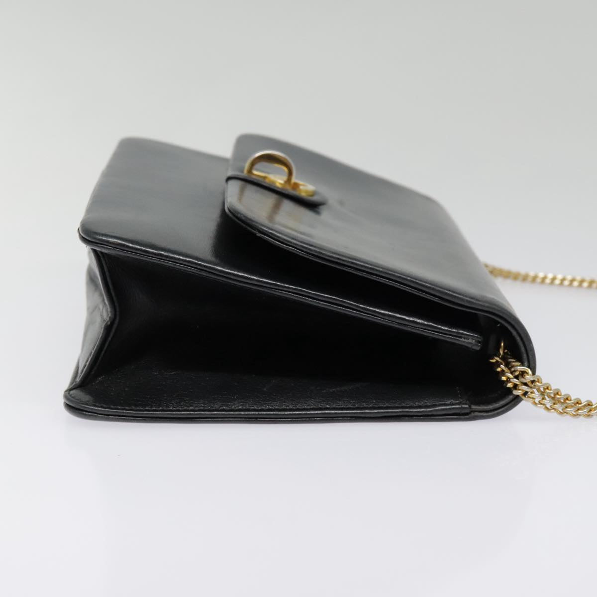 Christian Dior Chain Shoulder Bag Leather Black Gold Auth 93401