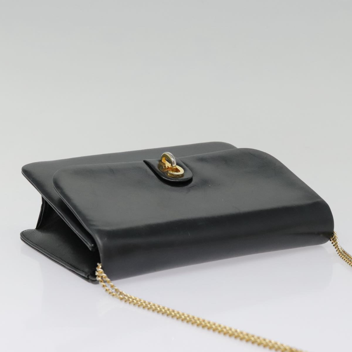 Christian Dior Chain Shoulder Bag Leather Black Gold Auth 93401