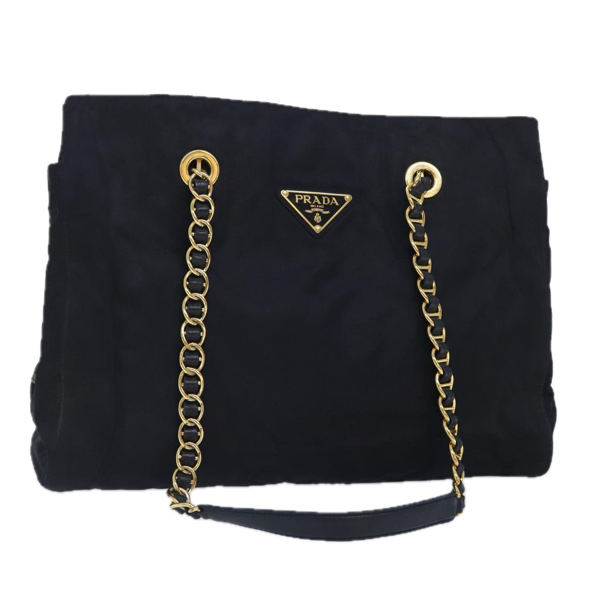 PRADA Chain Tote Bag Nylon Black Gold Auth 93405