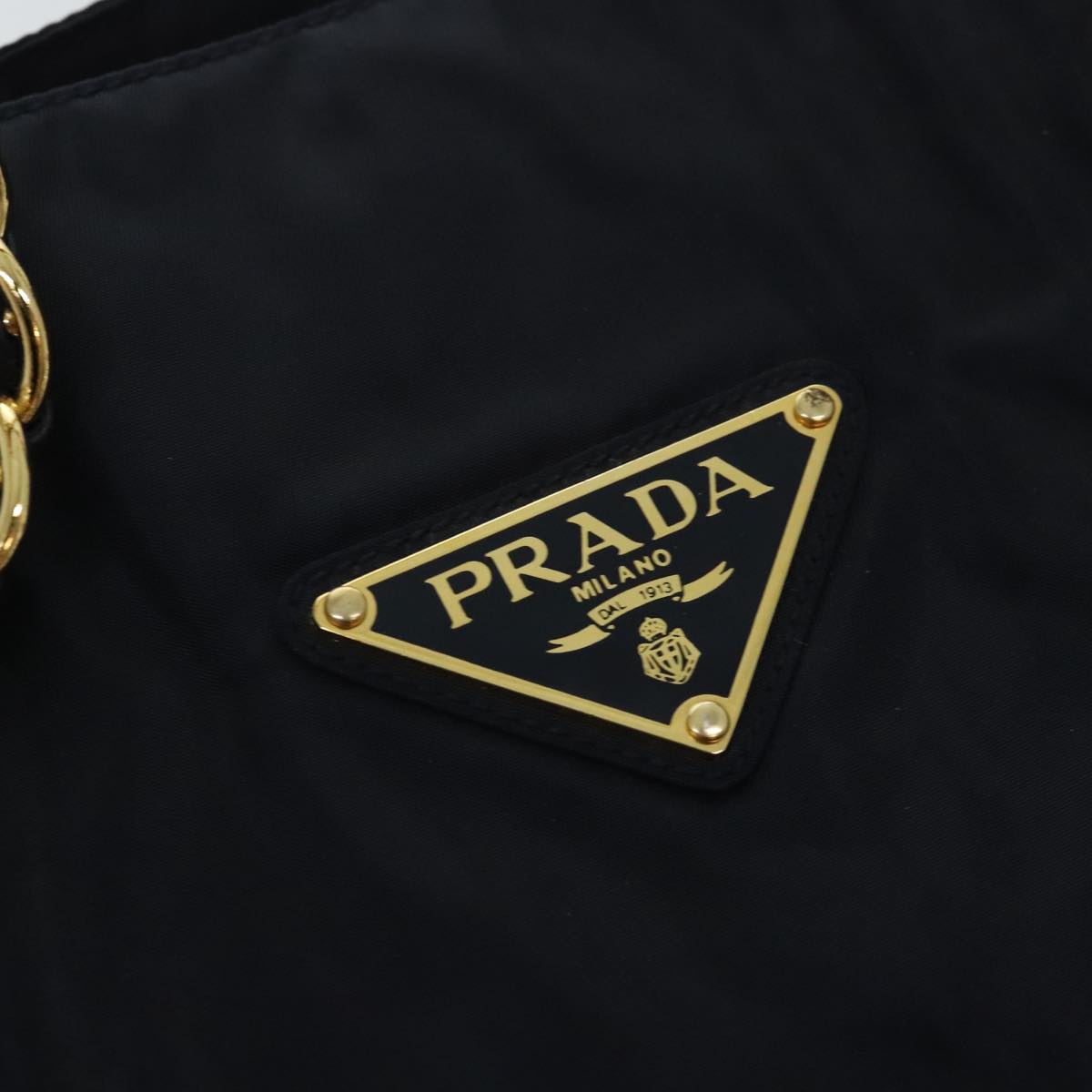 PRADA Chain Tote Bag Nylon Black Gold Auth 93405