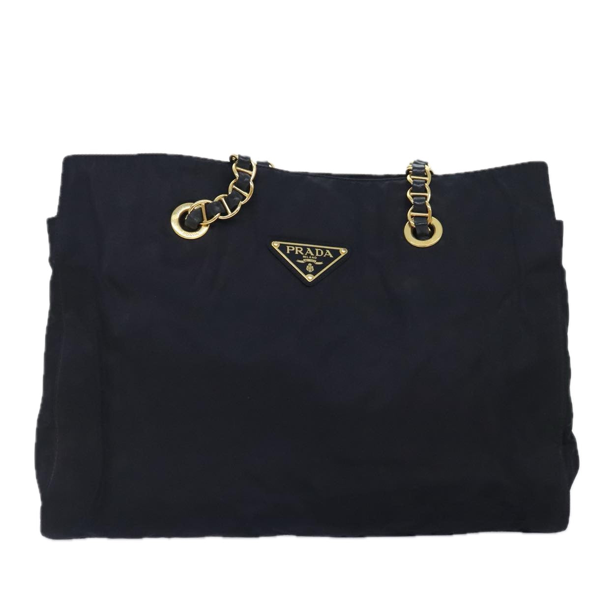 PRADA Chain Tote Bag Nylon Black Gold Auth 93405