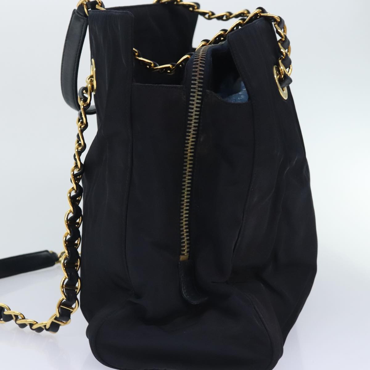 PRADA Chain Tote Bag Nylon Black Gold Auth 93405