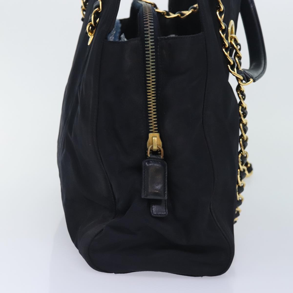 PRADA Chain Tote Bag Nylon Black Gold Auth 93405