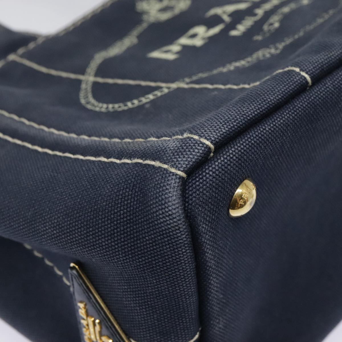 PRADA Canapa PM Hand Bag Canvas Navy Gold Auth 93409