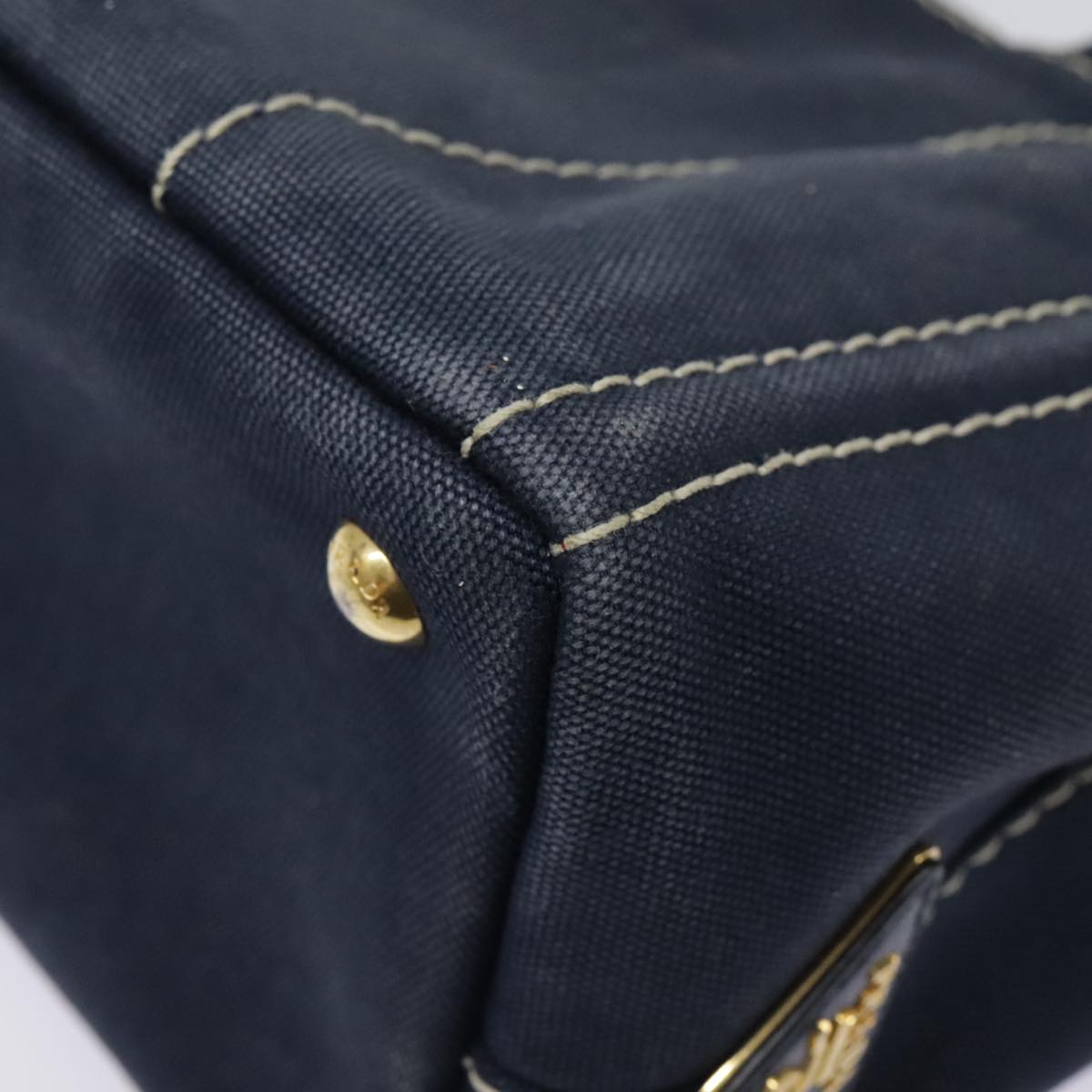 PRADA Canapa PM Hand Bag Canvas Navy Gold Auth 93409