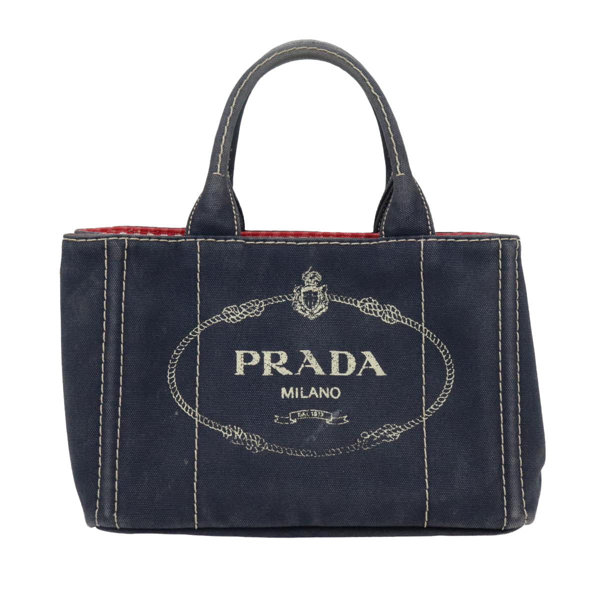 PRADA Canapa PM Hand Bag Canvas Navy Gold Auth 93409