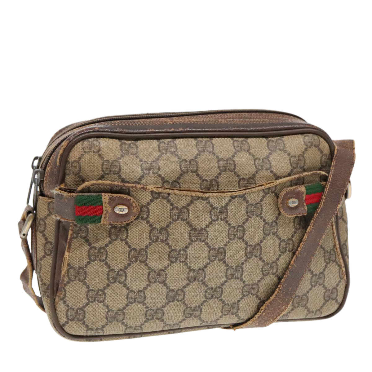 GUCCI GG Supreme Web Sherry Line Shoulder Bag PVC Beige Red Green Auth 93413