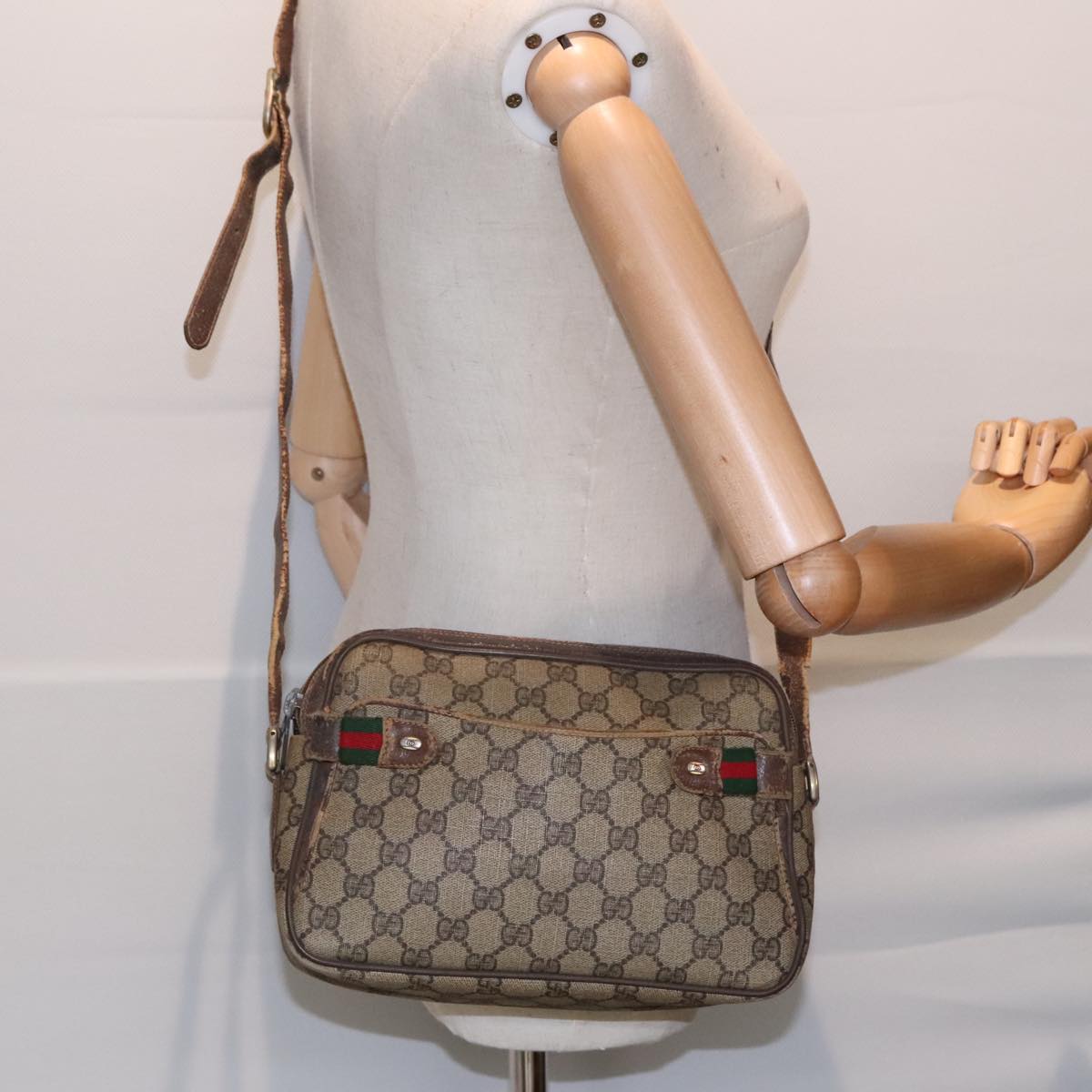 GUCCI GG Supreme Web Sherry Line Shoulder Bag PVC Beige Red Green Auth 93413