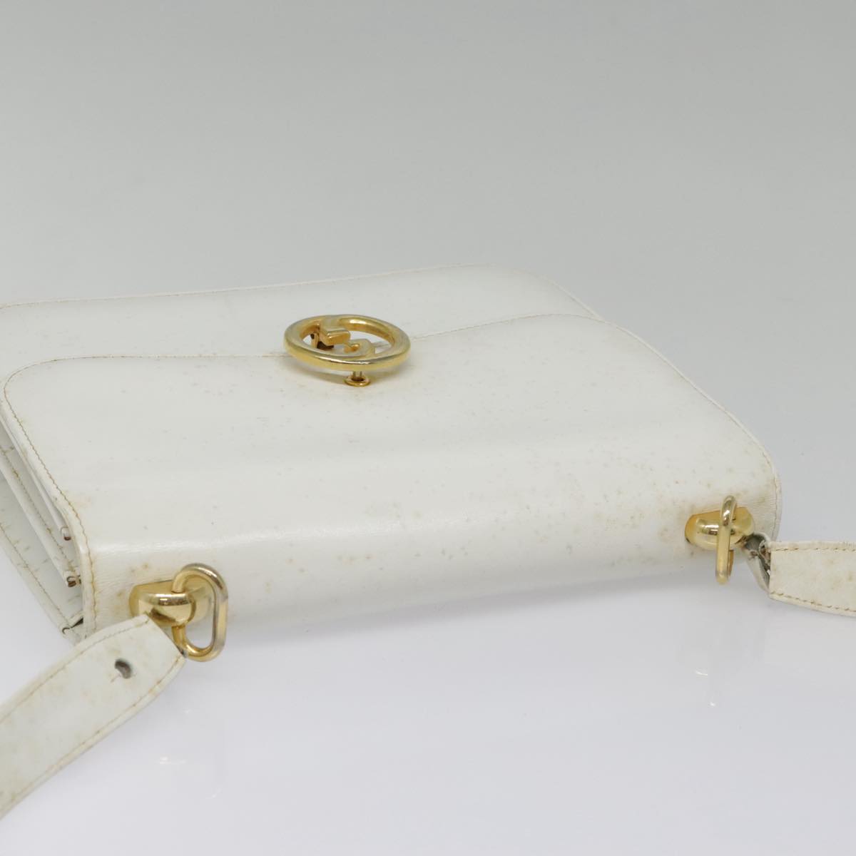 GUCCI Hand Bag Leather White Gold Auth 93424