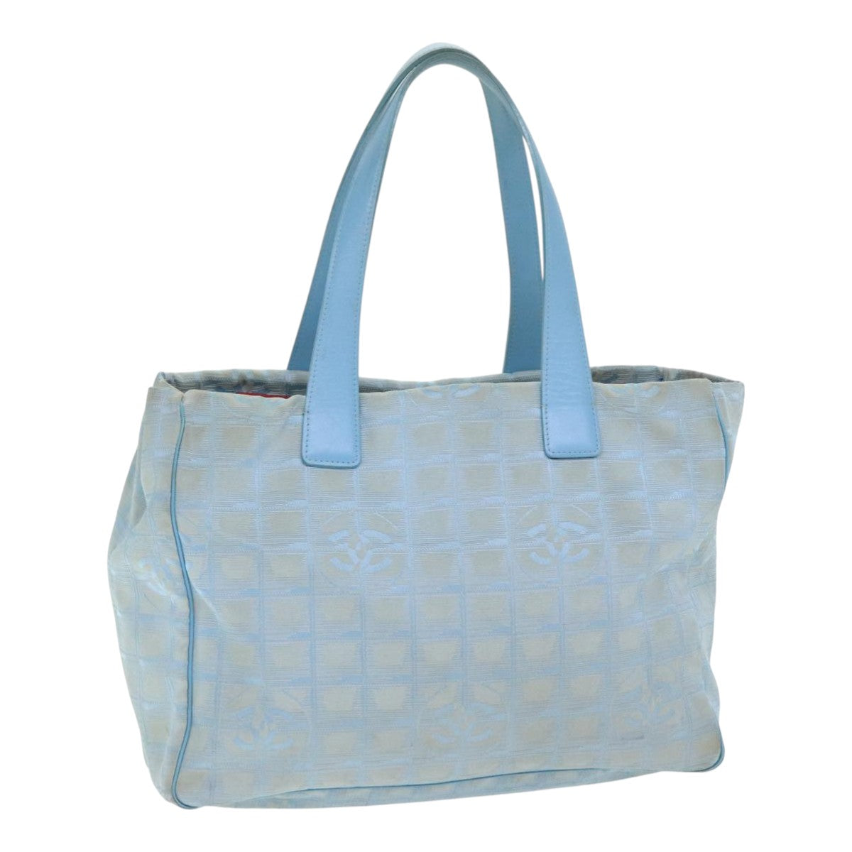 CHANEL New Travel Line Tote Bag Nylon Leather Baby Blue Silver CC Auth 93431