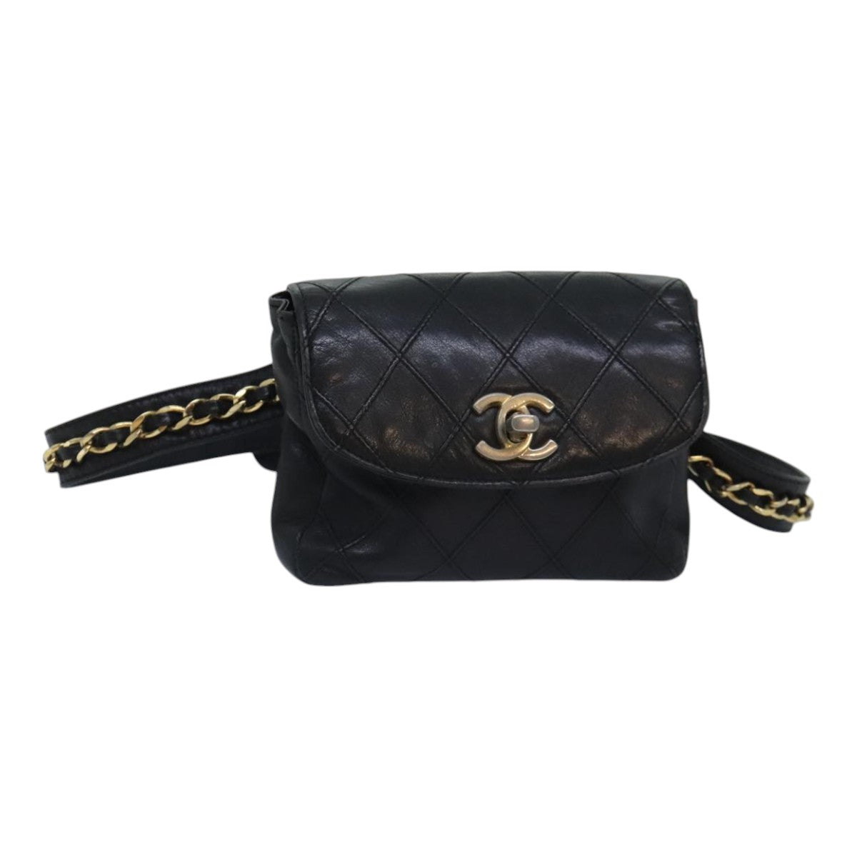 CHANEL Bicolore Chain Waist bag Leather Black Gold CC Auth 93433