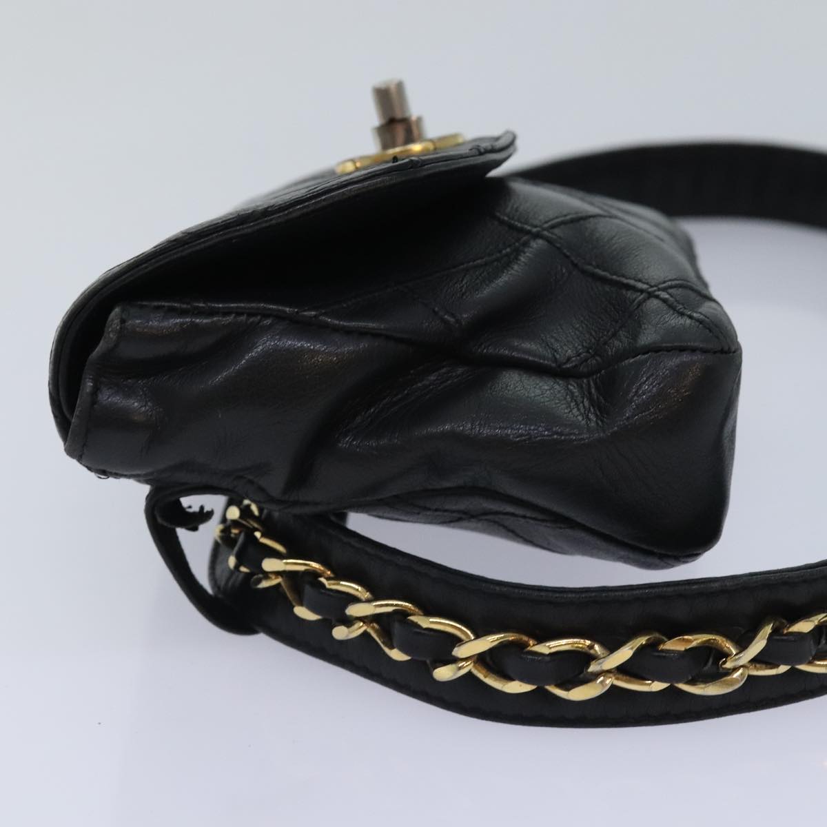 CHANEL Bicolore Chain Waist bag Leather Black Gold CC Auth 93433