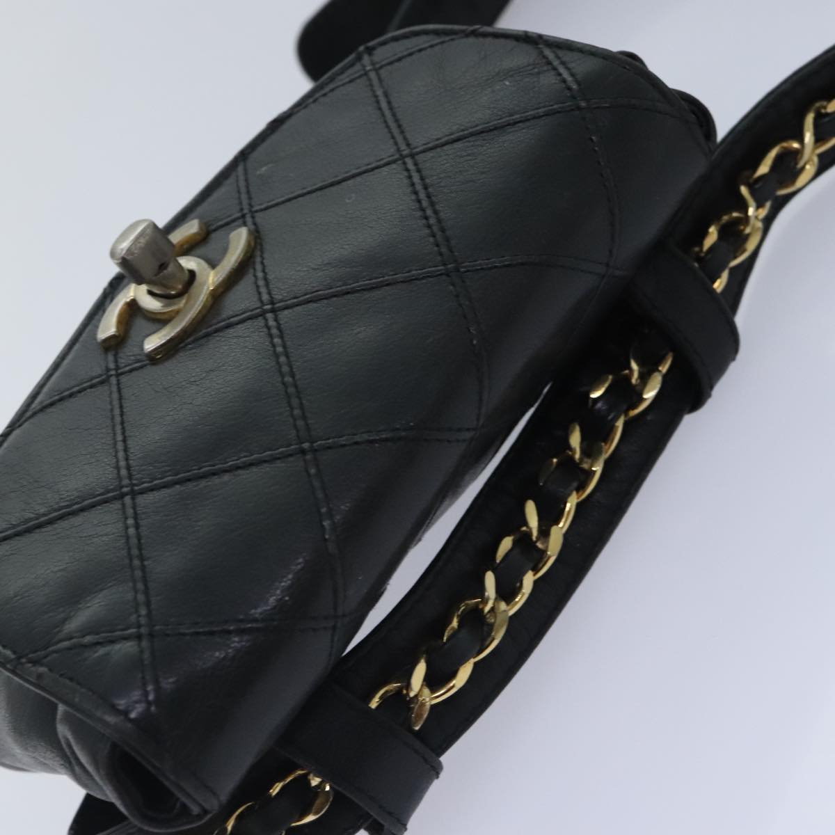 CHANEL Bicolore Chain Waist bag Leather Black Gold CC Auth 93433