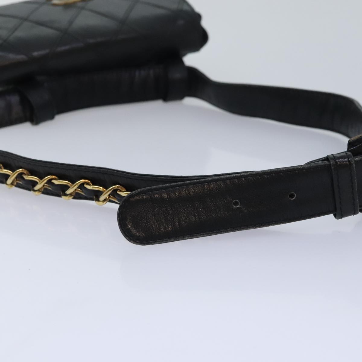 CHANEL Bicolore Chain Waist bag Leather Black Gold CC Auth 93433