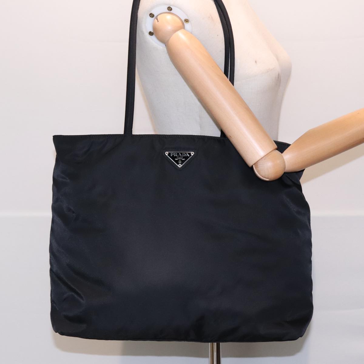 PRADA Tote Bag Nylon Black Silver Auth 93447