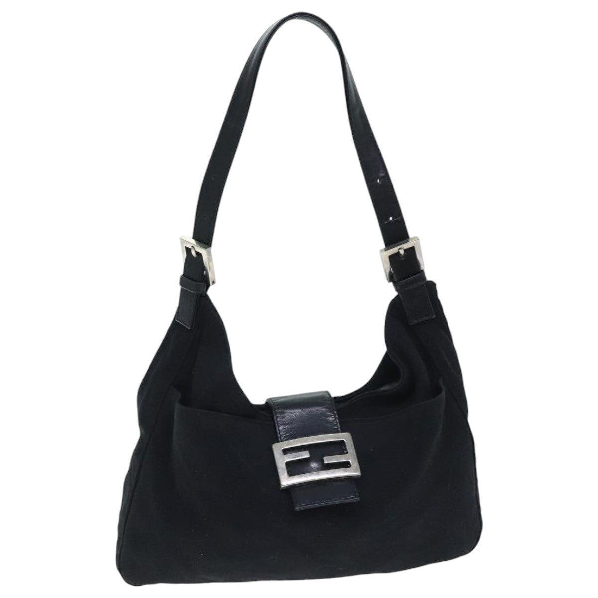 FENDI Mamma Baguette Shoulder Bag Nylon Black Silver Auth 93465