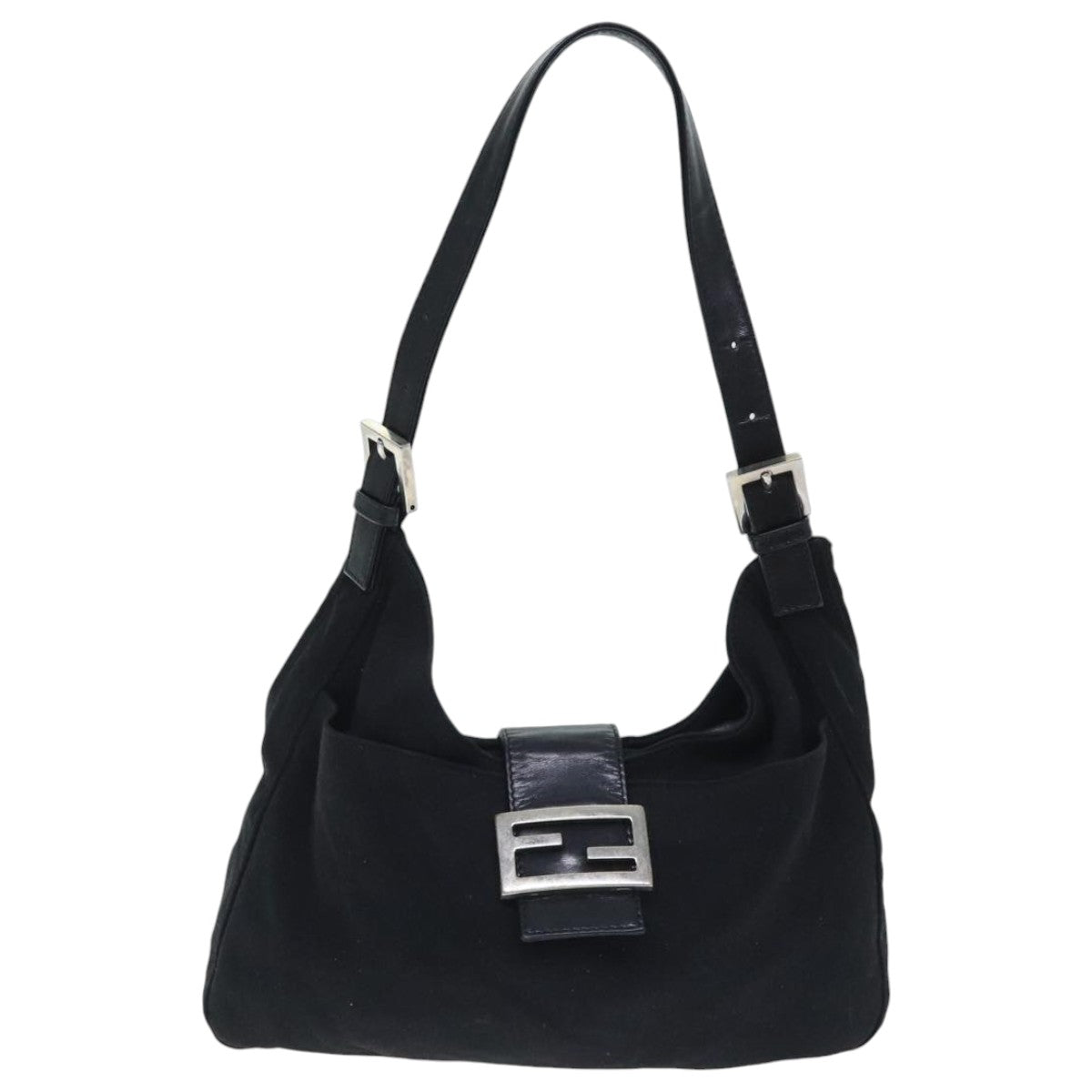 FENDI Mamma Baguette Shoulder Bag Nylon Black Silver Auth 93465