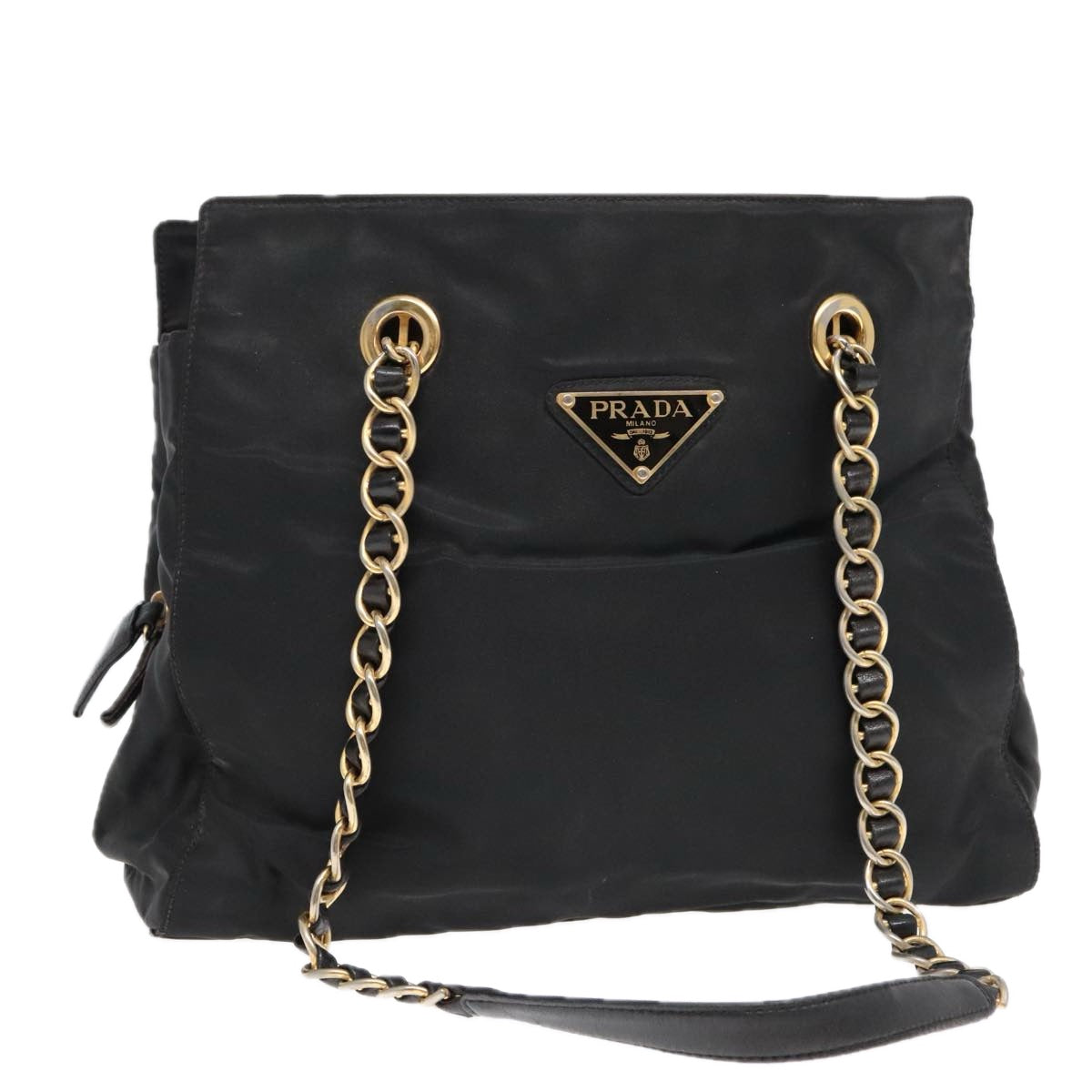 PRADA Chain Tote Bag Nylon Black Gold Auth 93471