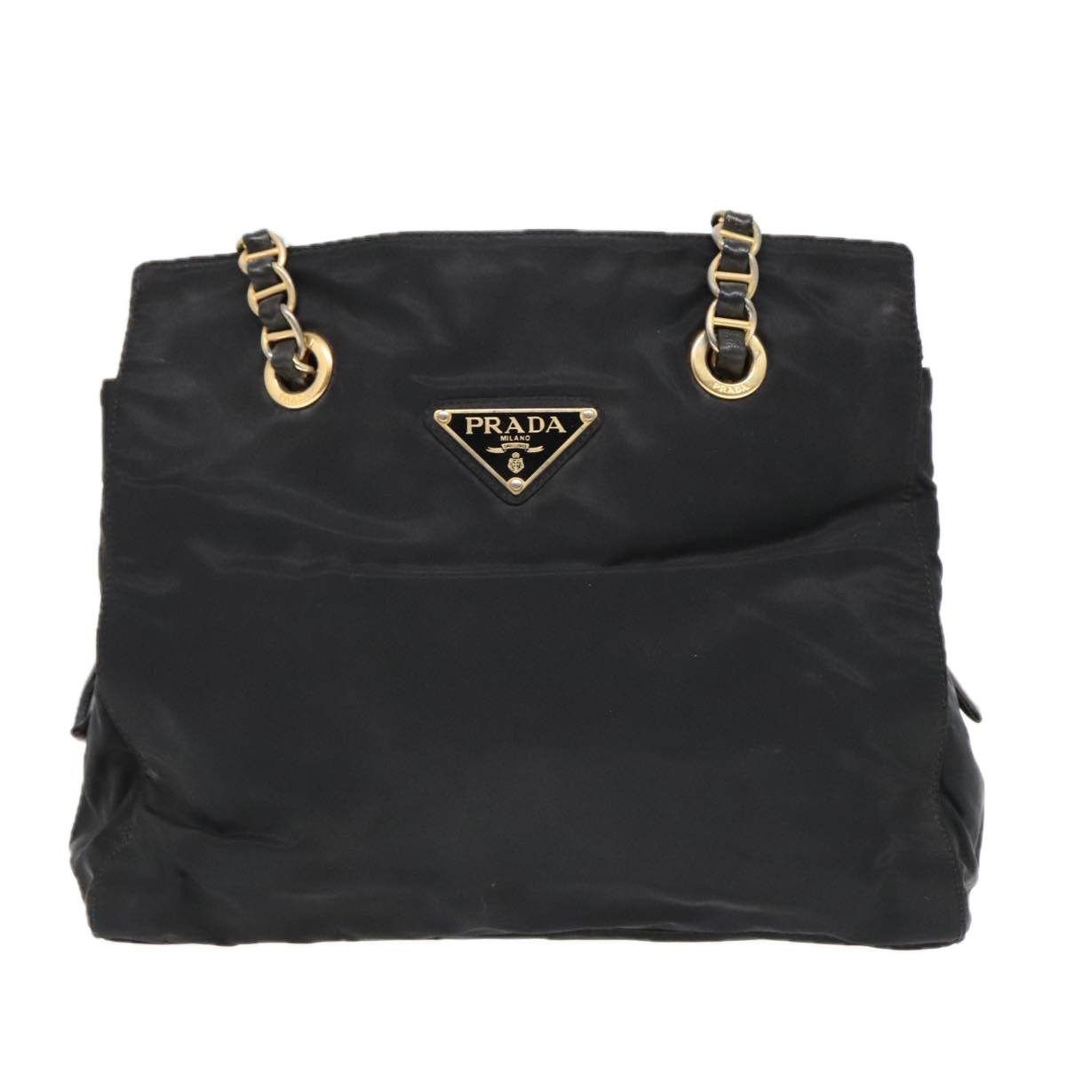 PRADA Chain Tote Bag Nylon Black Gold Auth 93471