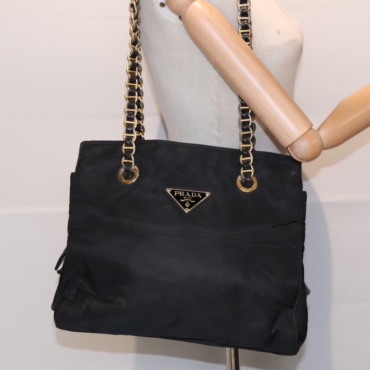 PRADA Chain Tote Bag Nylon Black Gold Auth 93471