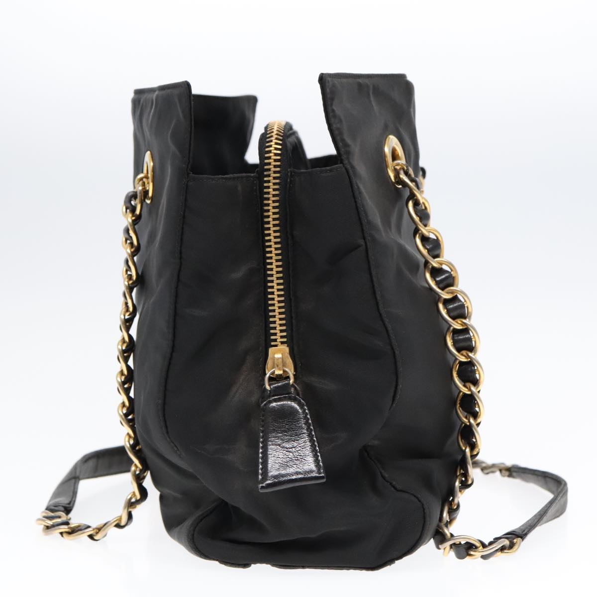 PRADA Chain Tote Bag Nylon Black Gold Auth 93471