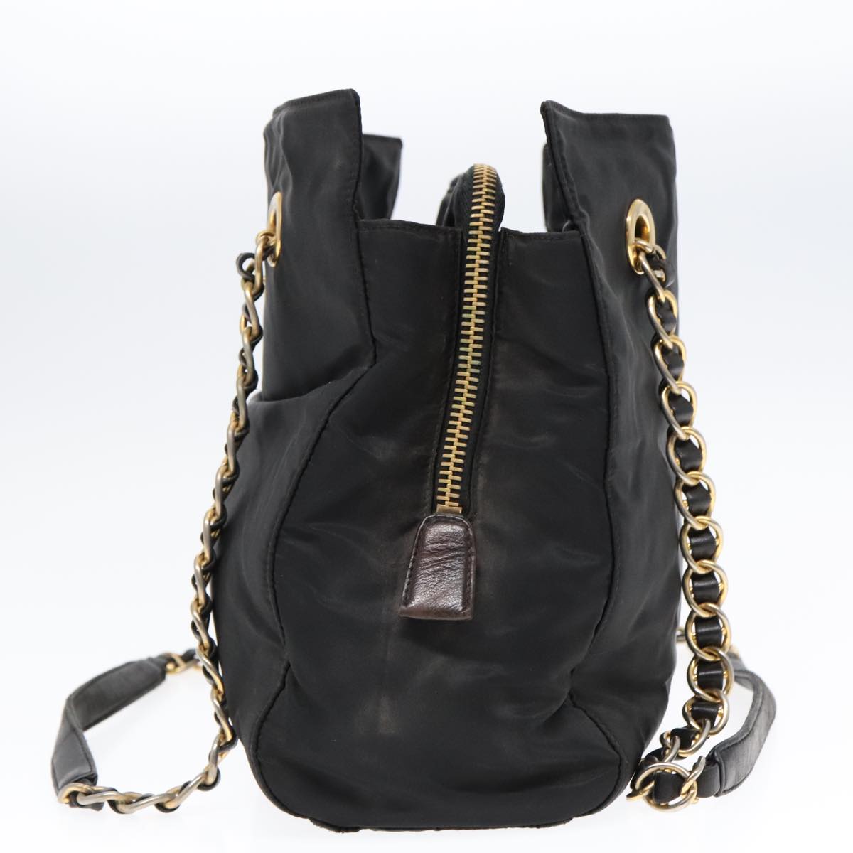 PRADA Chain Tote Bag Nylon Black Gold Auth 93471