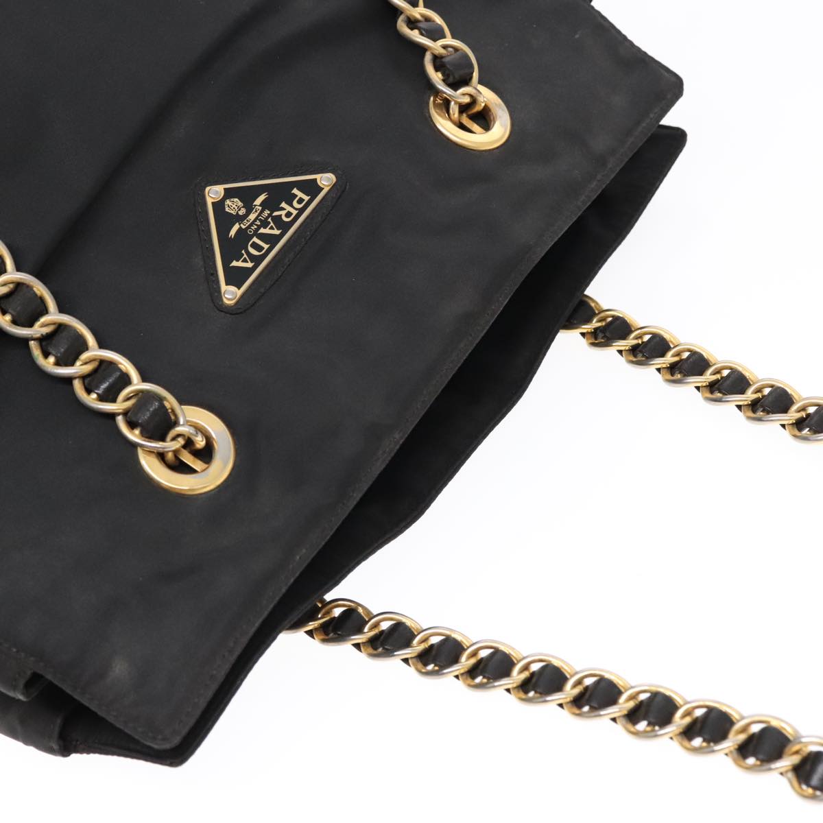 PRADA Chain Tote Bag Nylon Black Gold Auth 93471