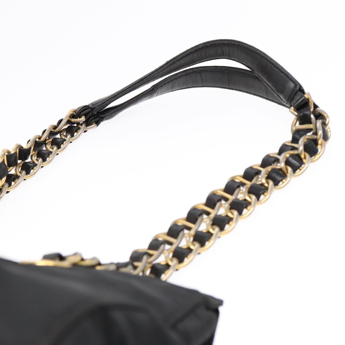 PRADA Chain Tote Bag Nylon Black Gold Auth 93471