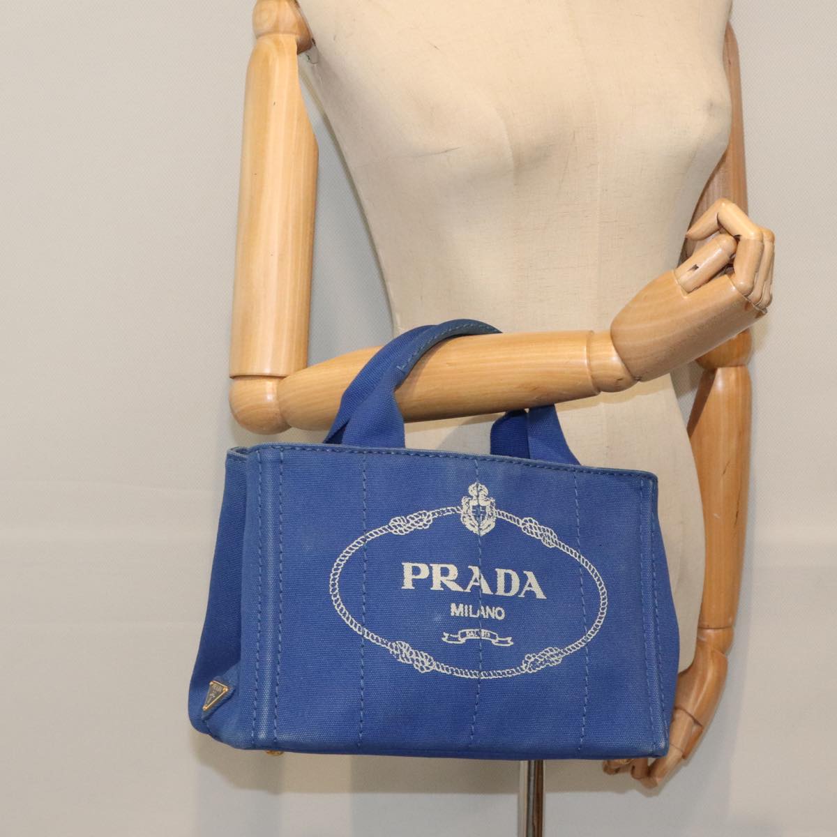 PRADA Canapa PM Hand Bag Canvas Blue Gold Auth 93499