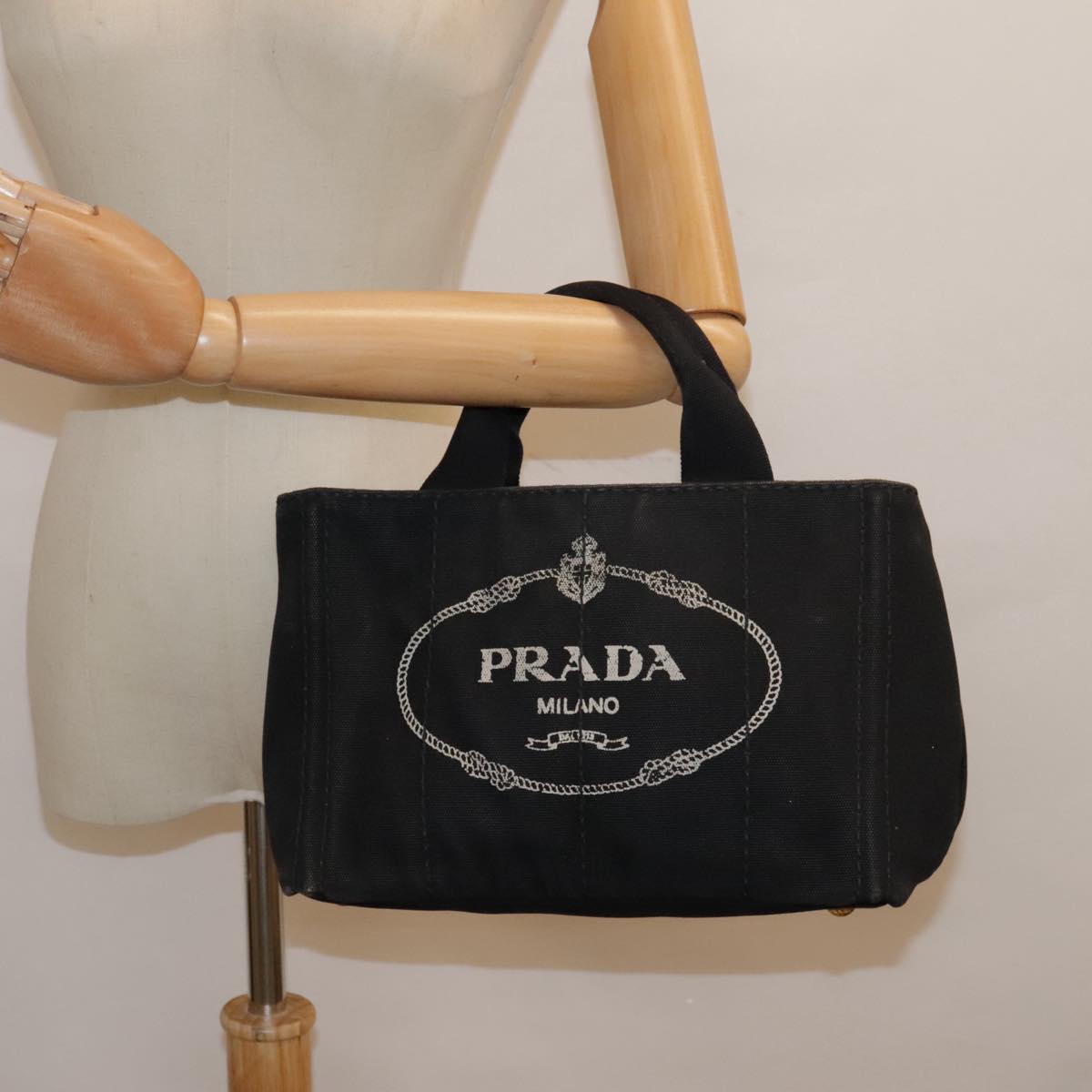 PRADA Canapa PM Hand Bag Canvas Black Gold Auth 93506