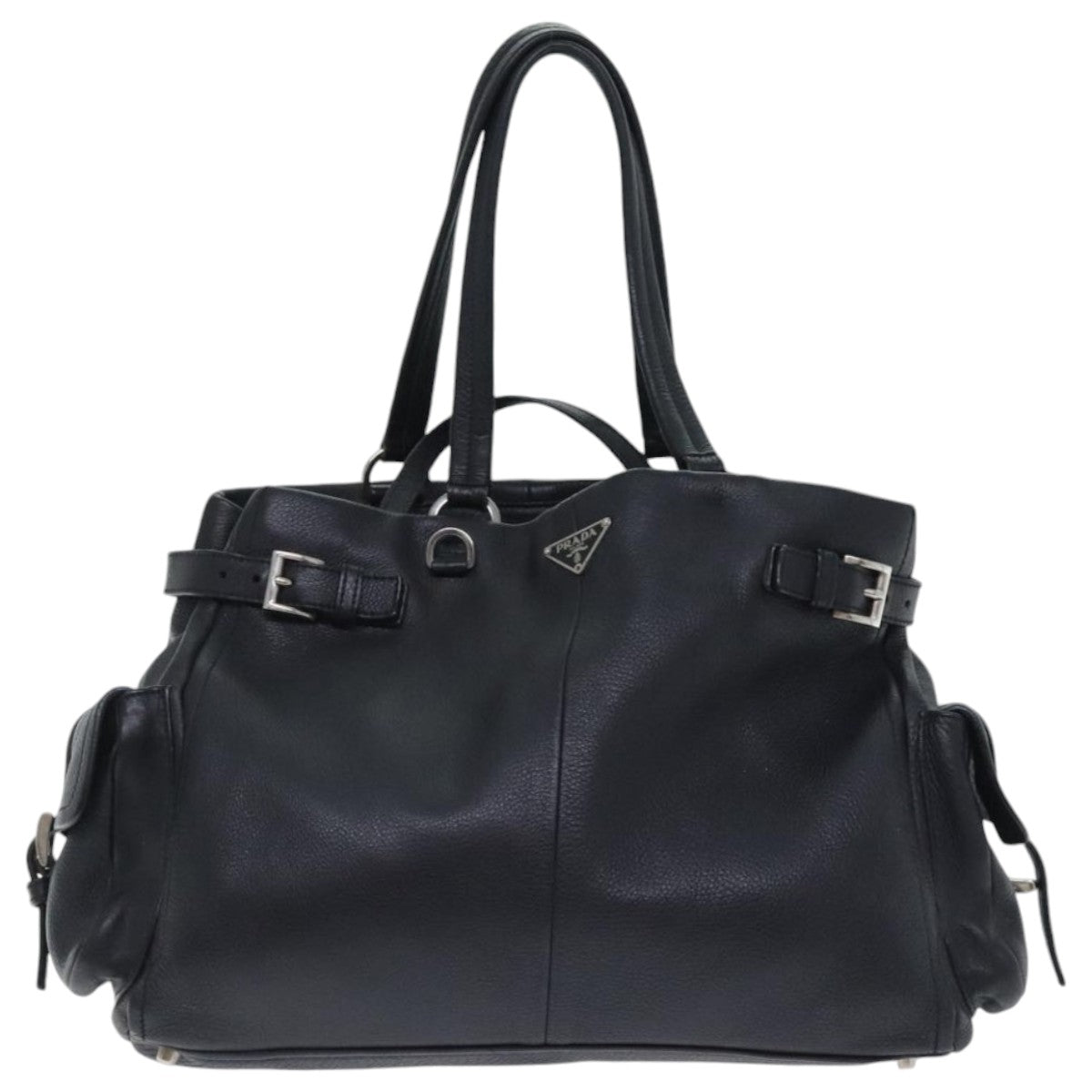 PRADA Tote Bag Leather Black Silver Auth 93509